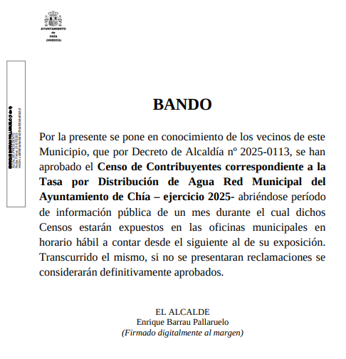 Imagen Exposición pública Censo de Contribuyentes correspondiente a la Tasa por Distribución de Agua Red Municipal del Ayuntamiento de Chía 2025