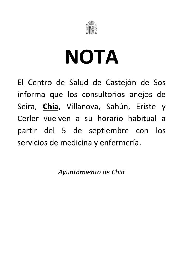 Imagen Información sobre apertura del Consultorio Médico Local de Chía tras el verano